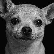 Narco participe au concours pour gagner de l'argent avec cette photo : puppy, dog, canine, close_up, portrait, black_and_white, monochrome, water_droplets, wet, face, eyes, nose, whiskers, ears, fur, cute, dramatic_lighting, studio, front_view, animal