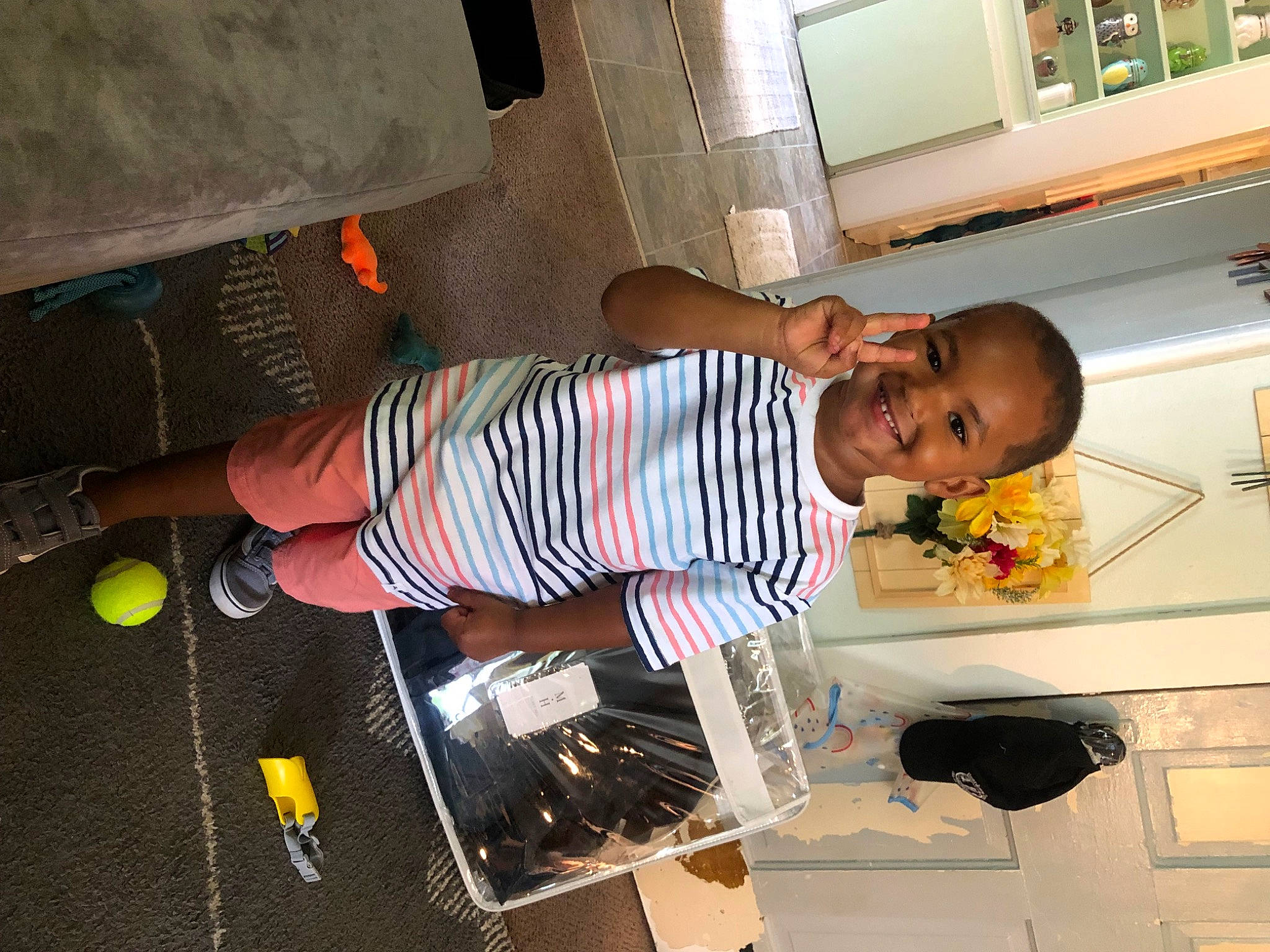 Eli joined the competition — help win amazing prizes! ceiling, child, elbow, flooring, fun, happy, human_leg, joy, machine, person, room, smile, standing, t_shirt, thigh