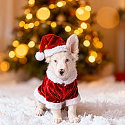 Bear joined the competition — help win amazing prizes! puppy, dog, christmas_tree, santa_hat, santa_costume, holiday, snow, festive, cute, white_fur, blue_eyes, decorations, bokeh, indoors, seasonal, pet, celebration, costume, fur, adorable