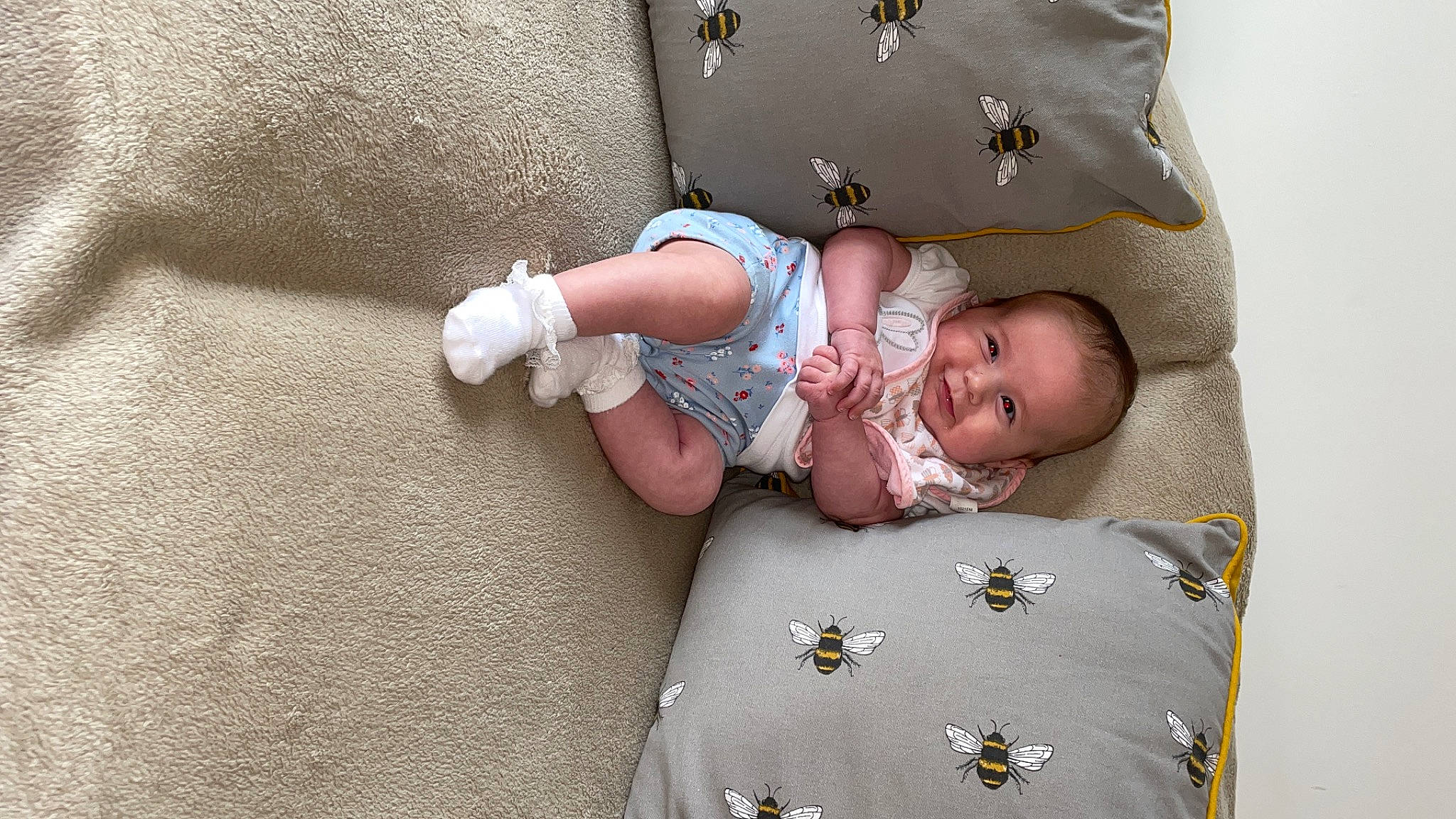 Maddison is registered to the contest to win money with this photo: baby, baby_products, baby_toddler_clothing, bedding, child, comfort, eye, face, grass, head, human_body, leg, linens, person, product, skin, sleeve, t_shirt, textile, toddler