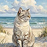 Luna Elizabeth joined the competition — help win amazing prizes! cat, feline, animal, sitting, beach, seaside, ocean, waves, sand, clouds, sky, coastline, grass, fur, striped, white_cat, portrait, outdoors, painting, illustration