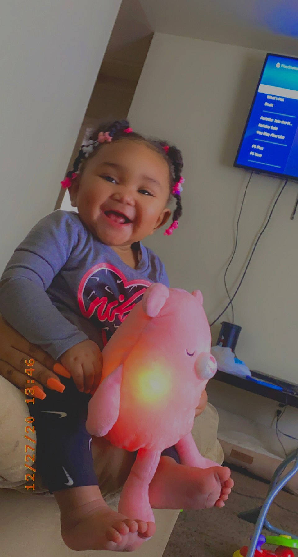 Aybrielle is registered to the contest to win money with this photo: baby, baby_toddler_clothing, balloon, child, design, electric_blue, facial_expression, fun, happy, magenta, organ, party_supply, person, pink, skin, smile, standing, t_shirt, thigh, thumb