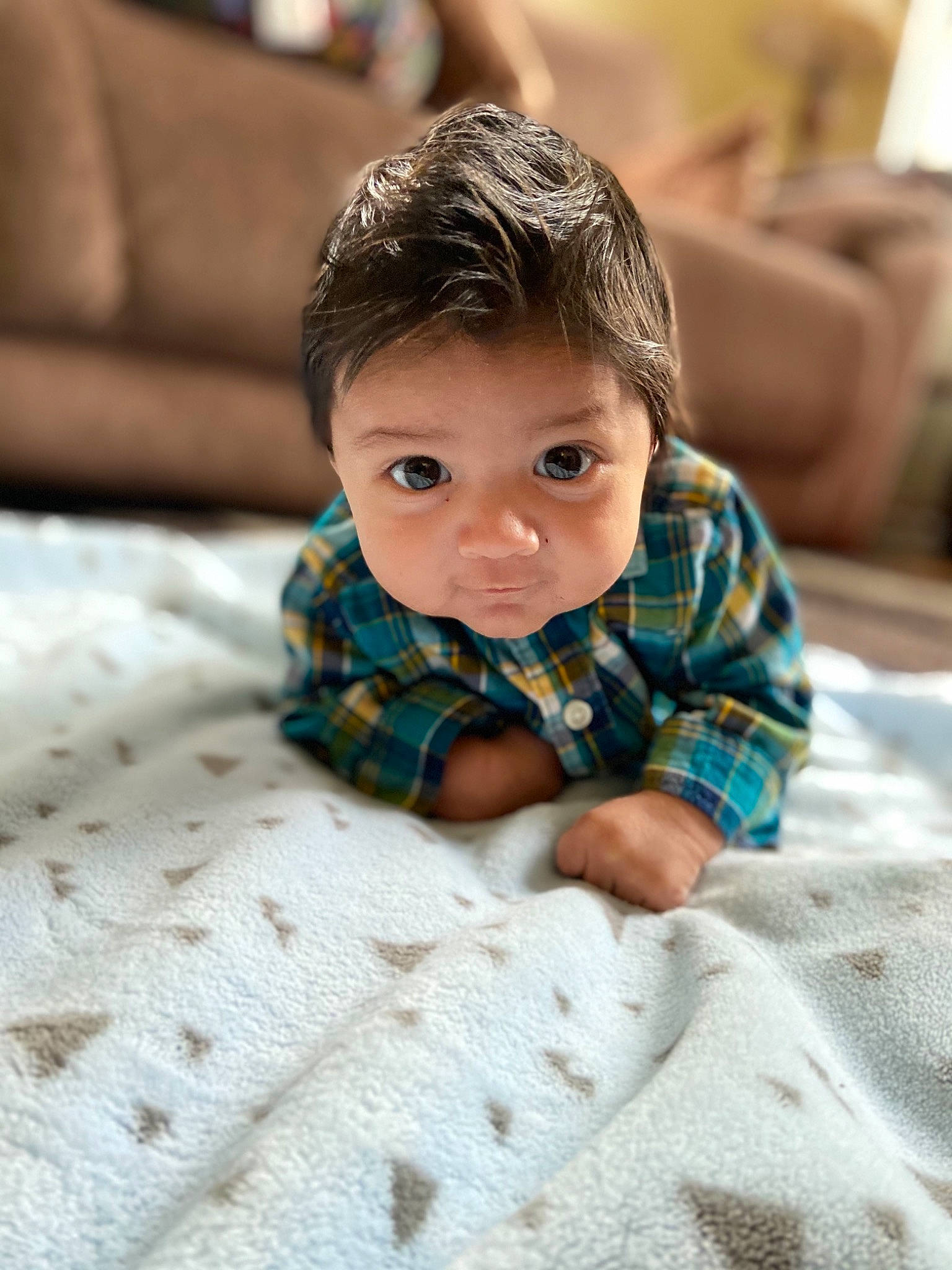 Emilio is registered to the contest to win money with this photo: baby, baby_toddler_clothing, child, comfort, eye, flooring, fur, happy, iris, linens, nose, pattern, person, plaid, room, skin, sleeve, textile, toddler, toy