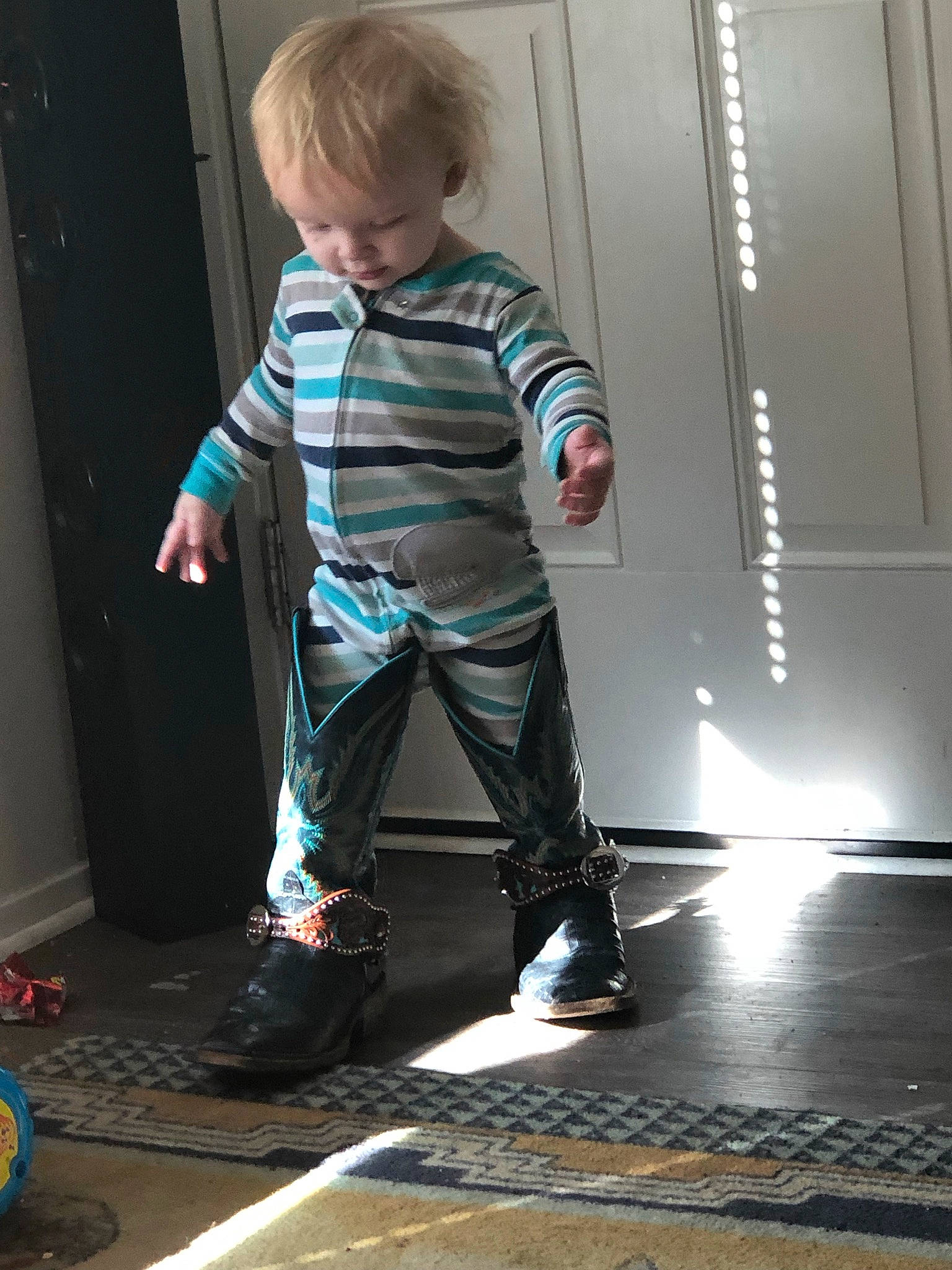 Colt joined the competition — help win amazing prizes! child, denim, electric_blue, fashion_design, floor, flooring, fun, hardwood, human_leg, joint, knee, leg, pattern, person, sleeve, sneakers, standing, t_shirt, toddler, walking_shoe