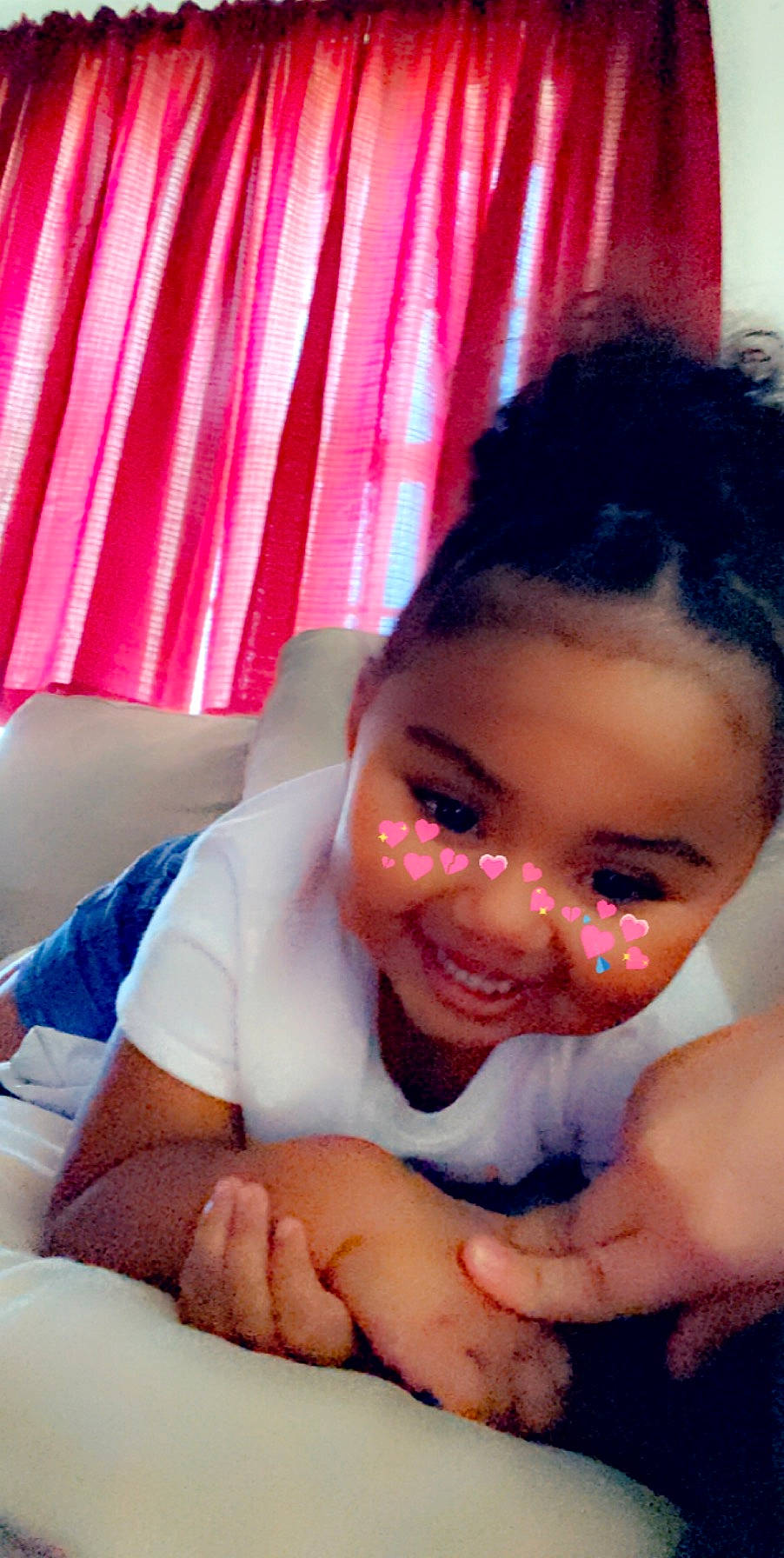 Nevaeh joined the competition — help win amazing prizes! baby, bedtime, black_hair, cheek, child, face, finger, hand, joy, lip, mouth, nose, person, pink, skin, smile, thumb, toddler