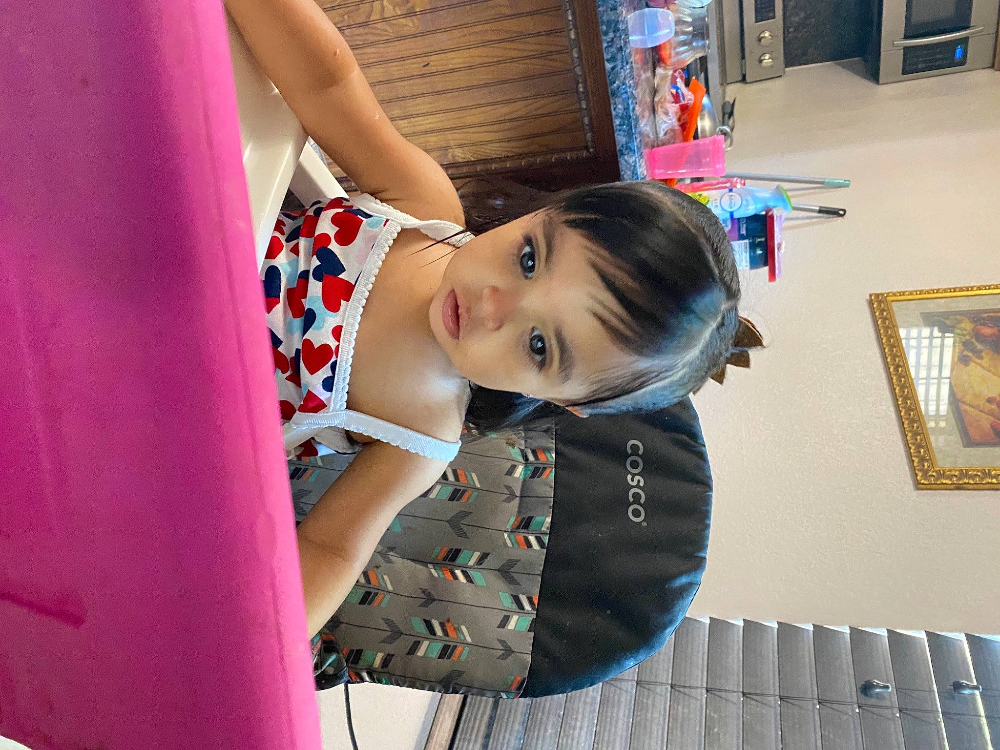 Catherine is registered to the contest to win money with this photo: child, electric_blue, fashion_design, fun, hairstyle, happy, leisure, magenta, pattern, person, picture_frame, play, room, shoulder, sitting, smile, street_fashion, toddler, vacation
