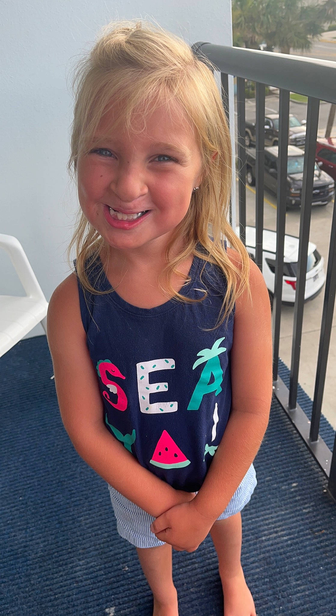 Olivia joined the competition — help win amazing prizes! blond, chest, chin, electric_blue, face, fence, hair, hairstyle, happy, head, joy, leisure, long_hair, neck, person, recreation, sleeve, smile, sportswear, t_shirt