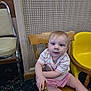 toddler, child, wooden_chair, yellow_chair, striped_shirt, pink_shorts, carpet, patterned_wall, indoor, furniture, person, sitting, barefoot, curious, baby, floor, metal_chair, hand, face, blue_eyes
