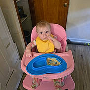 Layla is registered to the contest to win money with this photo: baby, high_chair, bib, spoon, food, plate, pink, yellow, floral_clothing, floor, wooden_door, kitchen, dog, black_dog, towel, shelf, bottle, feeding, child, indoor