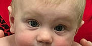 Layla joined the competition — help win amazing prizes! baby, child, face, skin, hands, red_background, closeup, curious, infant, young, portrait, person, eyebrows, cheeks, eyes, fingers, human, head, expression, cute