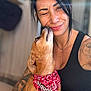 Poupie a rejoint le concours — aidez-le/la à gagner de superbes lots ! affection, bandana, black_tank_top, casual, closeup, cute, dog, friendship, happy, indoor, love, necklace, pet, portrait, red_bandana, skin, smiling, tattoo, winking, woman
