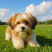 Pancake joined the competition — help win amazing prizes! dog, puppy, pet, grass, outdoor, sky, clouds, field, fluffy, brown_and_white, portrait, cute, eyes, nose, fur, sunlight, nature, park, mammal, small_dog