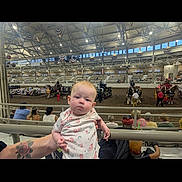 Lily joined the competition — help win amazing prizes! baby, infant, person, indoor, arena, horse, carriage, spectator, seating, railing, tattoo, event, crowd, light, ceiling, window, people, clothing, drink, hand