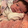 baby, blanket, closeup, clothing, cozy, cuddly, eyes, face, hair, hand, infant, newborn, nursery, pink_blanket, plush_toy, portrait, resting, sleepy, soft_texture, swaddle