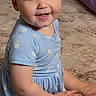 Ariella joined the competition — help win amazing prizes! toddler, child, smiling, blue_dress, bow, carpet, indoor, sitting, happy, cute, portrait, baby, young_child, person, short_sleeves, daisy_pattern, floor, light, casual_clothing, skin
