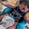 Enoch joined the competition — help win amazing prizes! baby, infant, child, portrait, hat, gray_hat, open_mouth, wide_eyed, sitting, indoor, blue_seat, blanket, clothing, black_outfit, arm, leg, face, cozy, home, photography