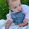 baby, child, flower, grass, blanket, overalls, pink_shirt, outdoor, nature, sitting, cute, infant, greenery, clover, soft_texture, portrait, skin, head, face, hand