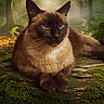 animal, cat, cute, daylight, foliage, forest, greenery, mammal, moss, nature, outdoor, peaceful, relaxing, resting, serene, siamese_cat, sunlight, tree_stump, wildlife, woodland