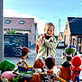 child, boy, toys, woody, buzz_lightyear, mr_potato_head, spiderman, yoda, hulk, rex_dinosaur, imaginative_play, outdoor, backpack, daylight, suburban, sky, fence, brick_house, window, street