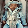 baby, infant, smiling, blue_onesie, hood, car_seat, safety_harness, cute, plush_clothing, child, happy, portrait, young_child, indoors, seatbelt, comfort, warm_clothing, baby_clothing, baby_face, small_child