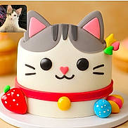 Youki participe au concours pour gagner de l'argent avec cette photo : kitten, cat, cake, fondant, strawberry, colorful, cute, dessert, food, sweet, playful, decoration, pink, yellow, blue, white, gray, table, background, closeup