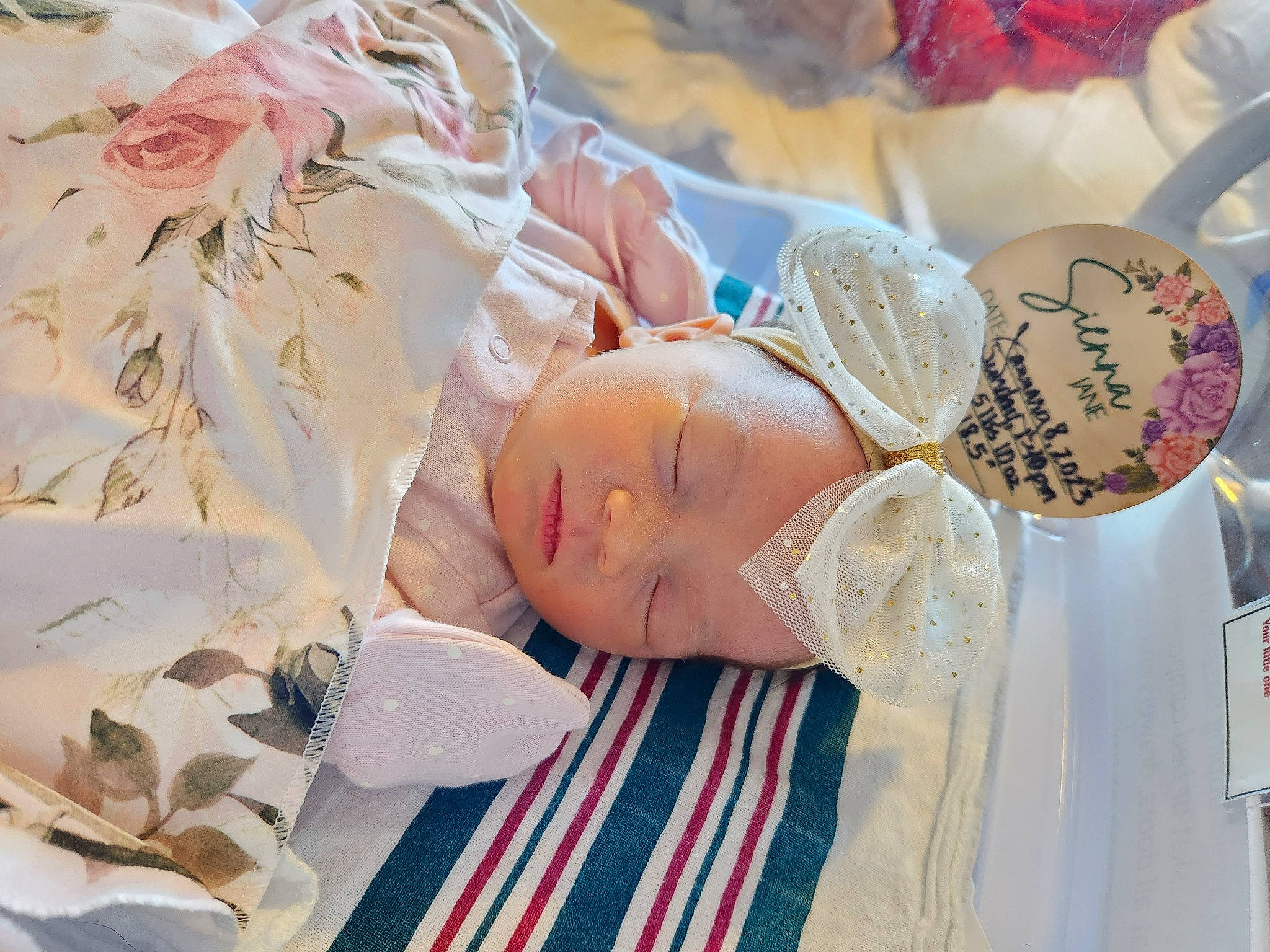 Sienna joined the competition — help win amazing prizes! baby, child, comfort, dress, event, fashion_accessory, happy, hat, headpiece, headwear, linens, paper, paper_product, pattern, peach, person, petal, room, sleep, sweetness