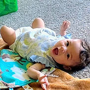 Star joined the competition — help win amazing prizes! baby, infant, blanket, carpet, smiling, happy, child, clothing, lying_down, cute, indoors, person, face, skin, hair, blue, pattern, soft, floor, playful