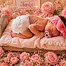 Star is registered to the contest to win money with this photo: newborn, baby, sleeping, diaper, headband, pink, flowers, roses, baby's_breath, wooden_bed, blanket, lace, cute, peaceful, flower_arrangement, soft, portrait, infant, tender, resting