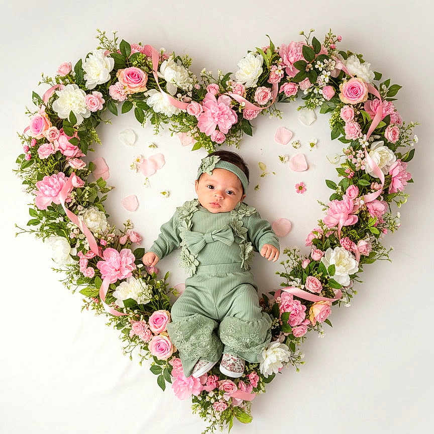 Star joined the competition — help win amazing prizes! baby, infant, flower_wreath, heart_shape, pink_flowers, white_flowers, greenery, headband, lying_down, cute, adorable, portrait, floral_arrangement, soft_lighting, baby_clothing, decorative, peaceful, baby_face, newborn, studio_photo