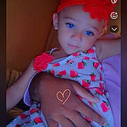 Jasmine is registered to the contest to win money with this photo: child, blue_eyes, red_headband, flower, dress, hand, heart_doodle, person, arm, portrait, indoor, smartphone_screenshot, social_media, user_interface, cute, calm, young, face, skin, fashion