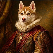 Koda is registered to the contest to win money with this photo: husky, dog, portrait, renaissance, costume, ruffled_collar, jewelry, ornate, cloth, texture, brown, gold, red, background, indoor, animal_portrait, fancy, historical_style, canine, decorative