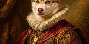 Koda is registered to the contest to win money with this photo: animal_portrait, background, brown, canine, cloth, costume, decorative, dog, fancy, gold, historical_style, husky, indoor, jewelry, ornate, portrait, red, renaissance, ruffled_collar, texture
