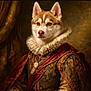 husky, dog, portrait, renaissance, costume, ruffled_collar, jewelry, ornate, cloth, texture, brown, gold, red, background, indoor, animal_portrait, fancy, historical_style, canine, decorative