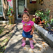 Marina Padilla is registered to the contest to win money with this photo: toddler, child, smiling, outdoor, sidewalk, pink_clothing, denim_skirt, pink_crocs, sunlight, brick_wall, plants, flower_pot, door, flamingo_decor, greenery, shadow, person, cute, happy, portrait