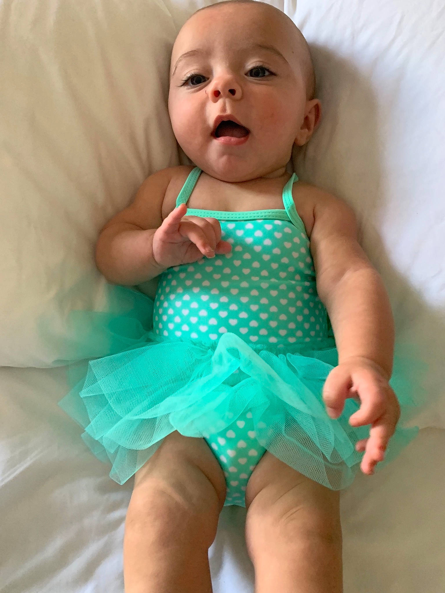 Emmaline joined the competition — help win amazing prizes! baby, baby_products, baby_toddler_clothing, child, clothing, costume, dress, pattern, person, product, toddler, turquoise
