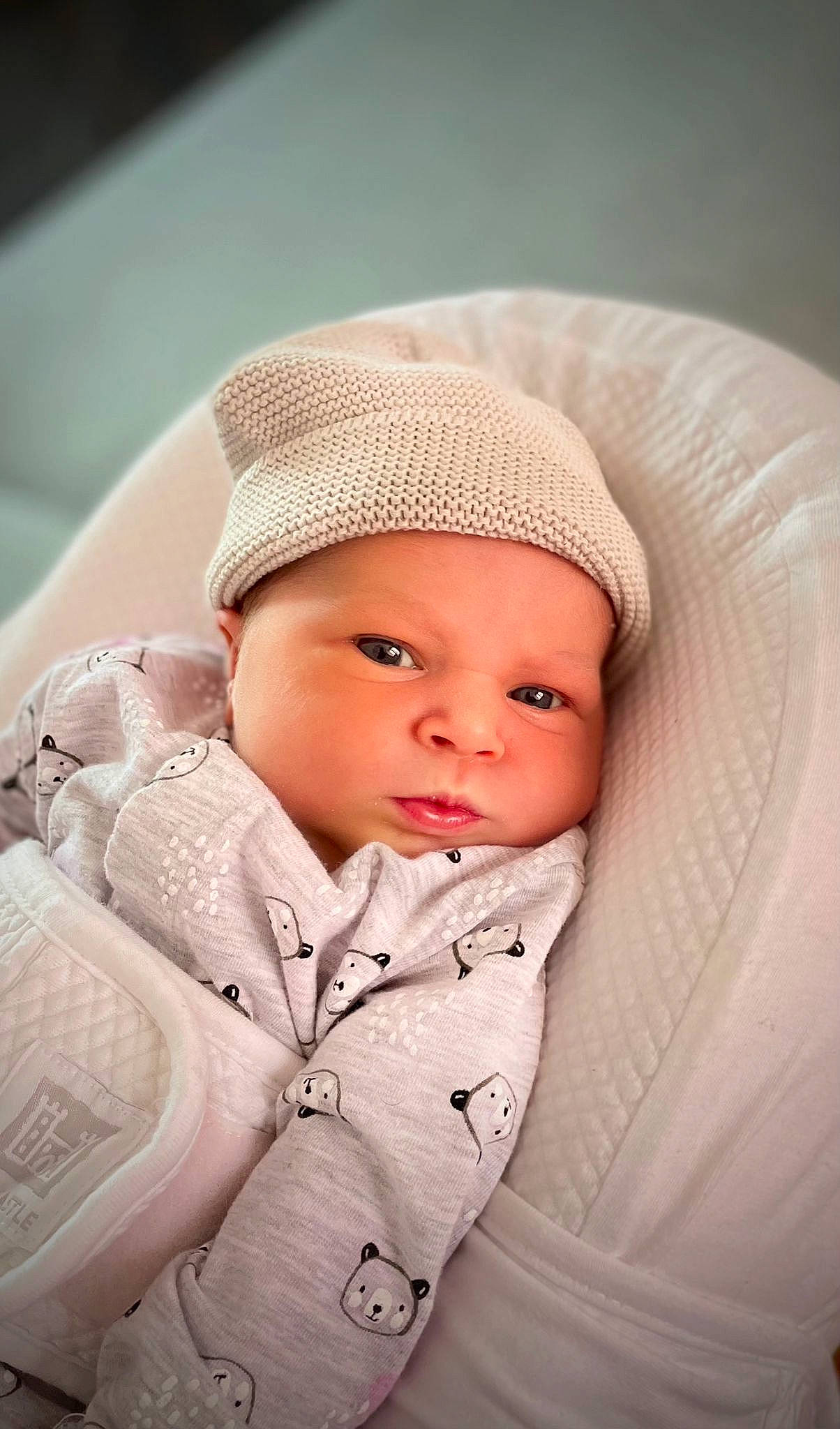 Yuna a rejoint le concours — aidez-le/la à gagner de superbes lots ! baby, baby_toddler_clothing, cap, cheek, child, chin, comfort, eye, eyebrow, face, flash_photography, head, headgear, headwear, knit_cap, lip, nose, person, sitting, skin