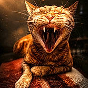 Joé a rejoint le concours — aidez-le/la à gagner de superbes lots ! cat, feline, yawn, fangs, whiskers, fur, paw, striped, orange, cozy, blanket, indoor, closeup, portrait, animal, pet, resting, warm_light, dust_particles, texture