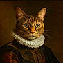 cat, tabby, portrait, costume, ruffled_collar, renaissance_style, clothing, animal_portrait, feline, brown, green_eyes, soft_lighting, dark_background, majestic, detailed_texture, historical_style, animal, pet, artistic, indoor