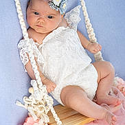 Ilanne a rejoint le concours — aidez-le/la à gagner de superbes lots ! baby, infant, swing, wooden_swing, flowers, floral_headband, white_lace, pink_flowers, blue_background, cute, child, portrait, soft_fabric, toddler, indoors, decor, baby_clothing, baby_boy, baby_girl, face