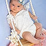 baby, infant, swing, wooden_swing, flowers, floral_headband, white_lace, pink_flowers, blue_background, cute, child, portrait, soft_fabric, toddler, indoors, decor, baby_clothing, baby_boy, baby_girl, face