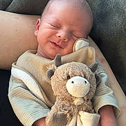 Bode is registered to the contest to win money with this photo: arm, baby, blanket, child, clothing, comfort, cow_toy, cozy, cuddly, cute, indoor, infant, peaceful, plush_toy, portrait, resting, sleeping, smiling, soft_texture, toddler