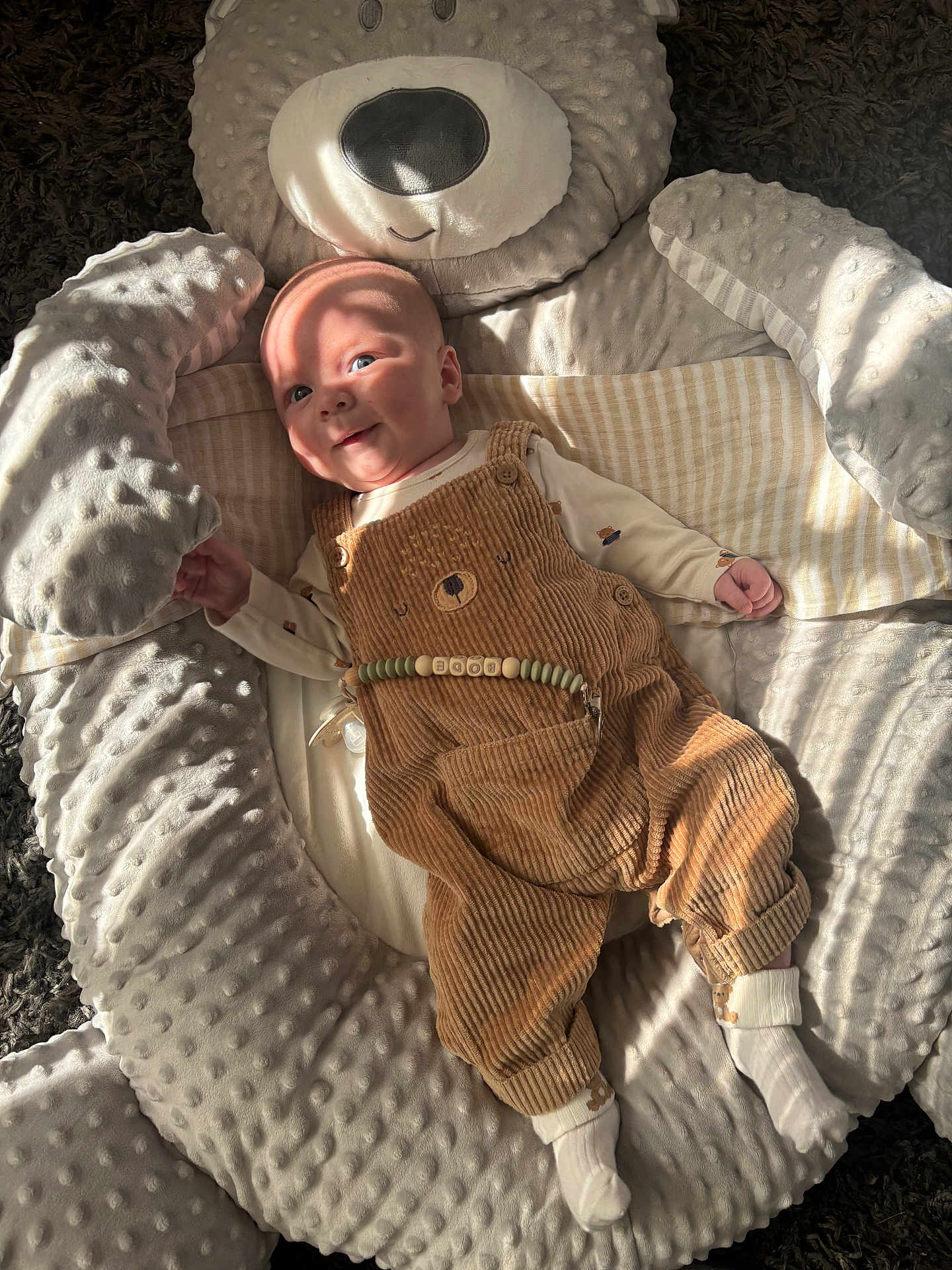 Bode joined the competition — help win amazing prizes! baby, infant, smile, face, overalls, socks, plush, bear, cushion, soft_toys, child, indoor, light_and_shadow, happy, cozy, texture, fabric, cute, relaxing, comfort