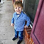 Eli is registered to the contest to win money with this photo: black_shoes, blue_checkered_shirt, blue_eyes, boy, brick_wall, casual_clothing, child, concrete_floor, daylight, door, hand_on_hip, happy, jeans, outdoor, person, porch, short_hair, smile, standing, young
