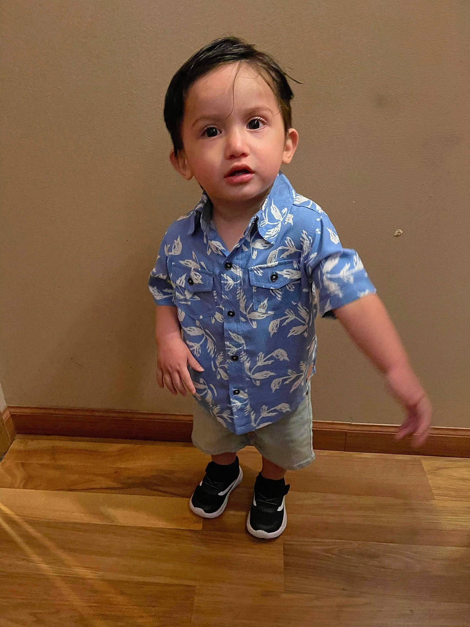 Ivan is registered to the contest to win money with this photo: baby_toddler_clothing, child, collar, dress_shirt, electric_blue, face, floor, flooring, happy, hardwood, human_leg, laminate_flooring, pattern, person, sitting, sleeve, toddler, varnish, wood, wood_flooring