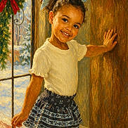 Eliana is registered to the contest to win money with this photo: child, girl, smiling, curly_hair, blue_bow, white_shirt, patterned_skirt, door, wood, window, wreath, red_bow, snow, holiday, festive, indoor, portrait, happy, cute, warm_light