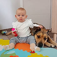 Opale a rejoint le concours — aidez-le/la à gagner de superbes lots ! baby, child, dog, indoor, playmat, toy, pet, floor, socks, white_shirt, gray_pants, carpet, furniture, hand, expression, companion, floor_mat, cute, calm, bond