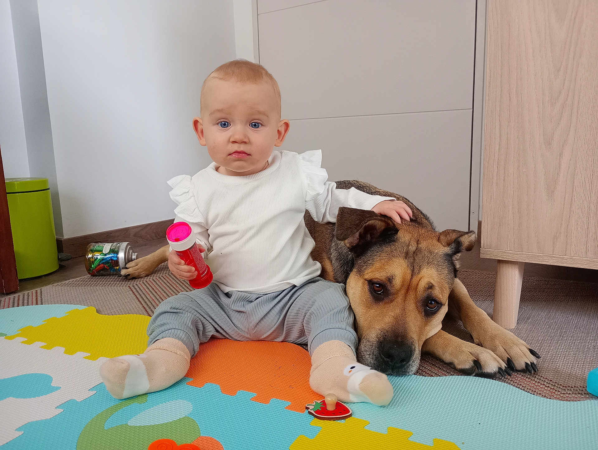 Opale a rejoint le concours — aidez-le/la à gagner de superbes lots ! baby, child, dog, indoor, playmat, toy, pet, floor, socks, white_shirt, gray_pants, carpet, furniture, hand, expression, companion, floor_mat, cute, calm, bond