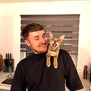 Luna is registered to the contest to win money with this photo: man, kitten, cat, shoulder, black_shirt, smile, indoor, kitchen, window_blinds, countertop, utensils, happy, pet, cute, domestic_animal, portrait, short_hair, earrings, tabby_cat, expression