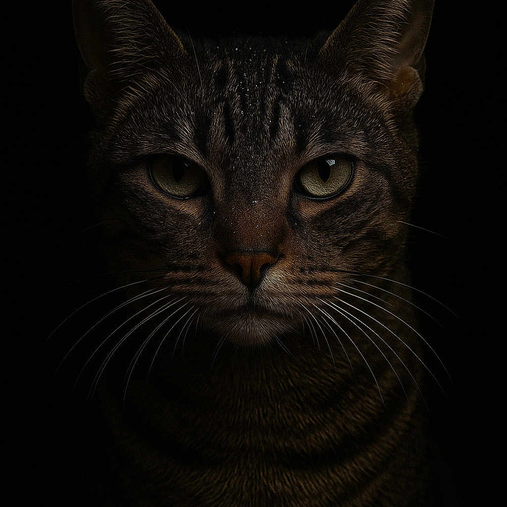 Aiko participe au concours pour gagner de l'argent avec cette photo : animal, cat, close_up, dark_background, domestic_animal, ears, eyes, face, feline, focused, fur, indoor, low_light, muzzle, mysterious, no_humans, pet, portrait, tabby, whiskers