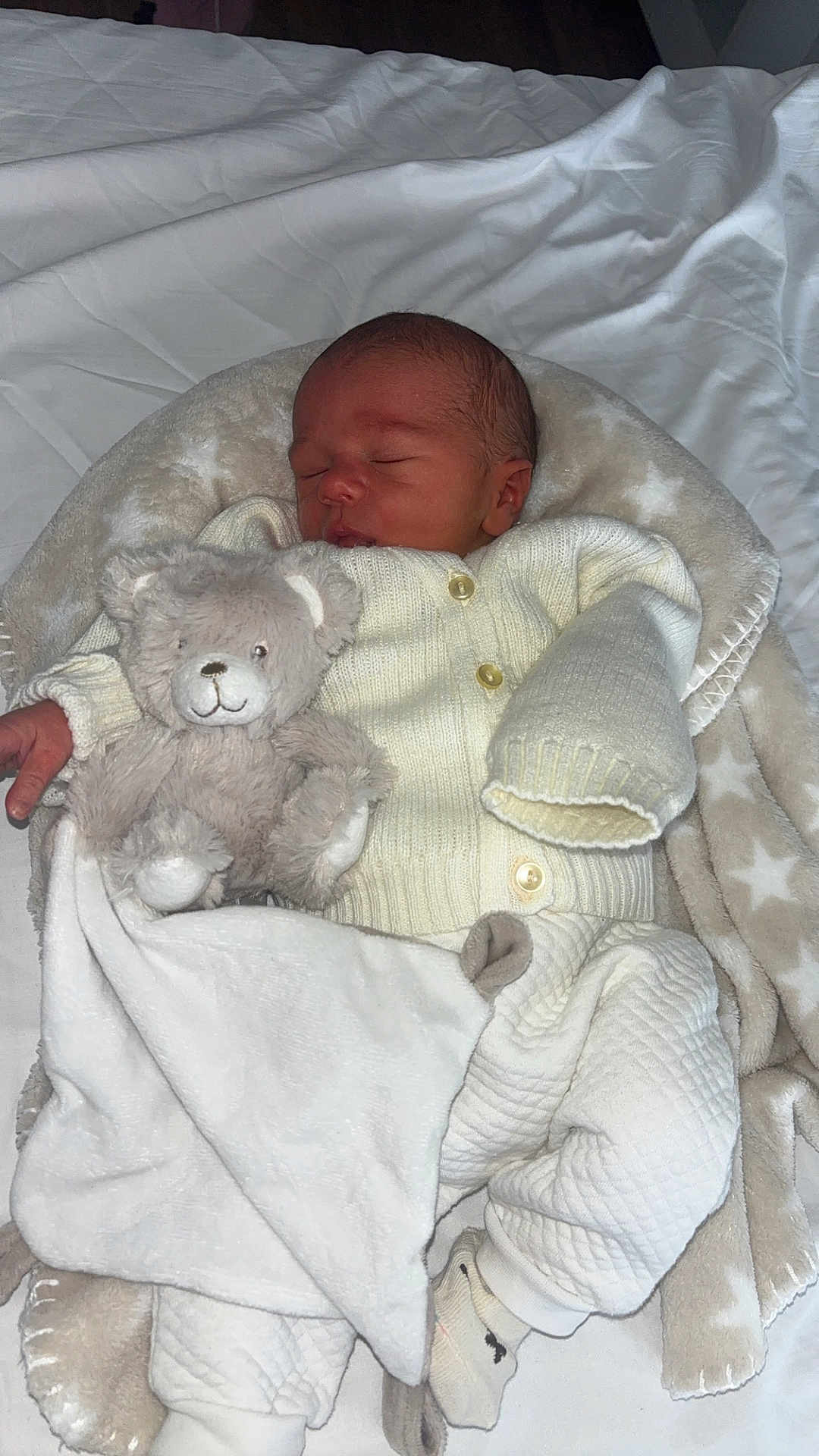 Daiwen a rejoint le concours — aidez-le/la à gagner de superbes lots ! newborn, baby, sleeping, blanket, teddy_bear, plush_toy, knitwear, white_clothing, soft_texture, bed, cozy, infant, cute, resting, indoors, child, peaceful, warm, soft_lighting, comfort